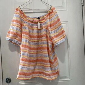 Talbots Women's‎ 3X Plus Linen Short Puff Sleeves Striped Top Square Neck Smock